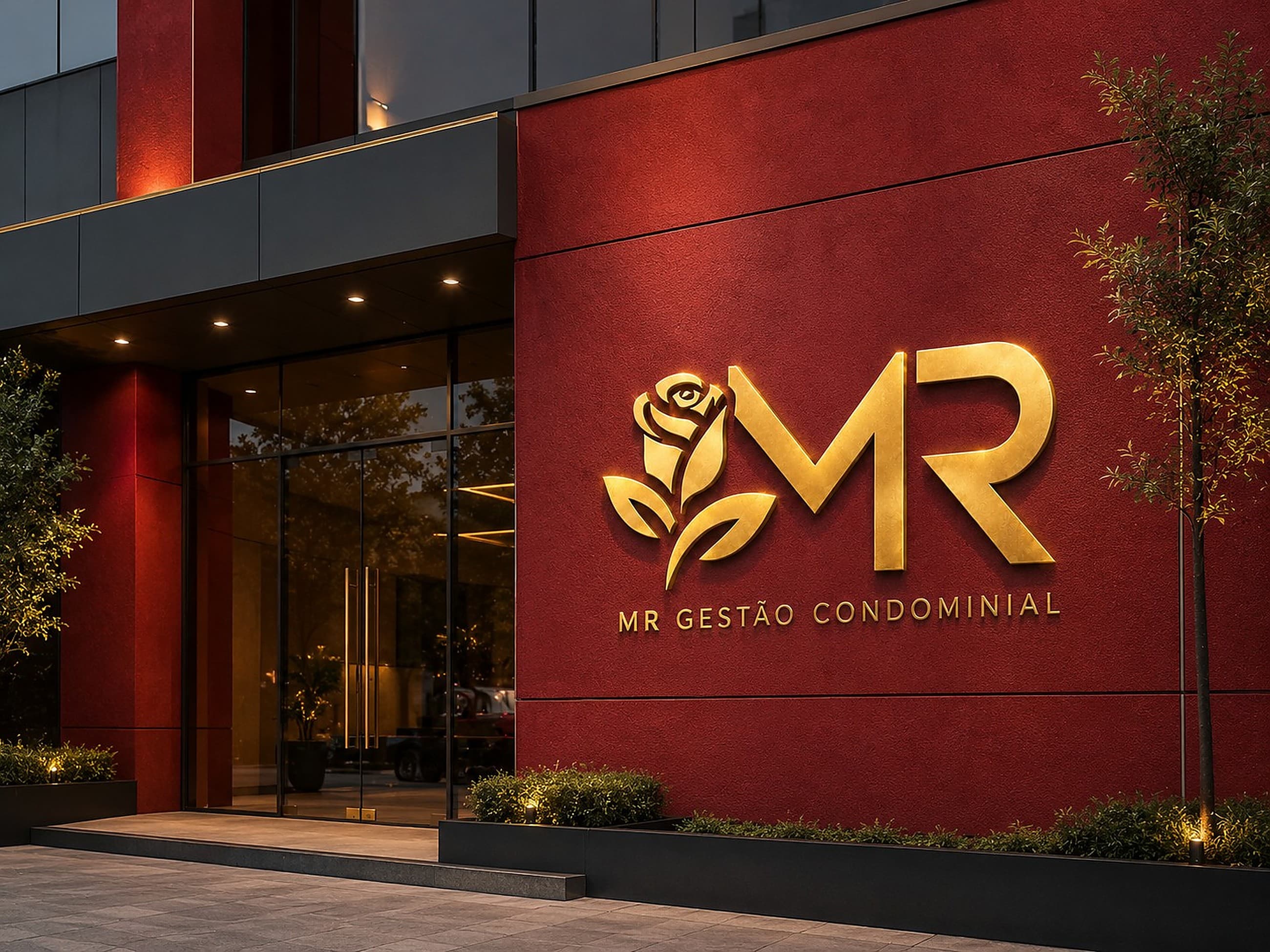 Fachada com a marca MR Gestão Condominial aplicada em vermelho institucional e dourado metálico